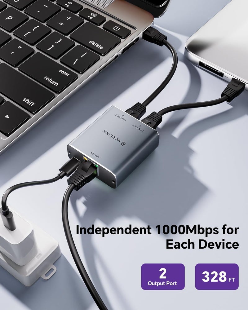 VCELINK Ethernet Splitter 1 to 2, 1000Mbps Ethernet Switch with USB Power Cable, Supports 2 Devices Simultaneously Networking, Compatible with Cat7/Cat6/Cat5, Ideal for PS5, Xbox, Smart TVs, Laptops - Image 2